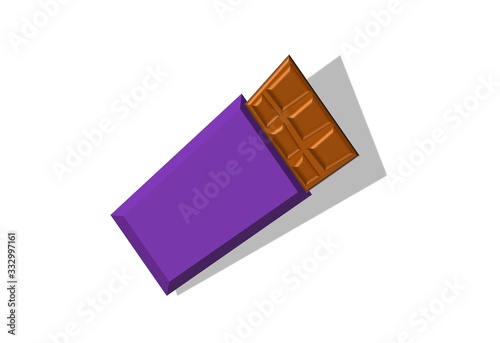 illustration of chocolate bar in package with shadow on white background.