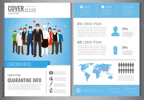 People in protective medical masks. Protection mask against virus, infectious diseases and flu. Coronavirus brochure template. Vector
