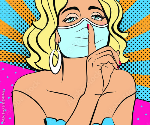 Pop art woman in mask. Vector background in comic style retro pop art. Illustration for print advertising and web. Face close-up.