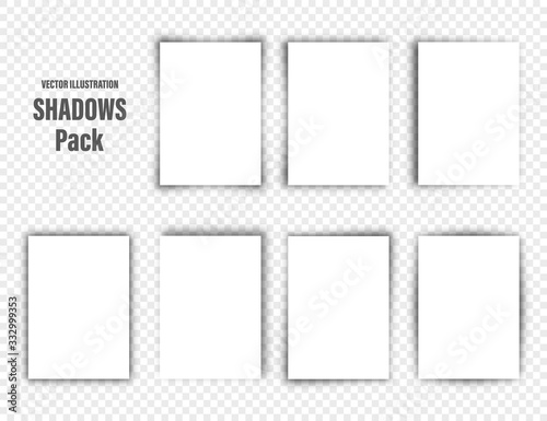 Vector shadows set. Page dividers on transparent background. Realistic isolated shadow and white blank paper in A4 format. Vector illustration.