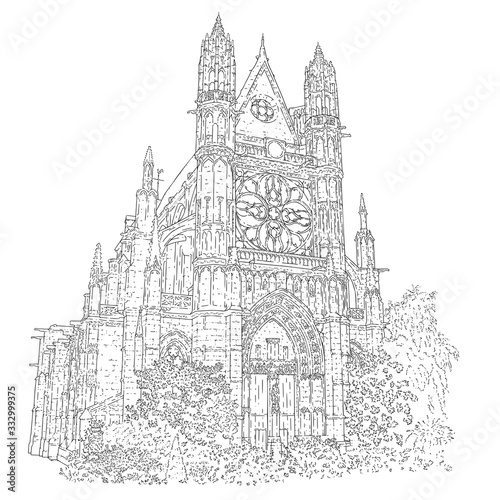 City sketching of gothic cathedral. France, Vernon. Line art silhouette isolated on white. Tourism concept. Sketch style vector
