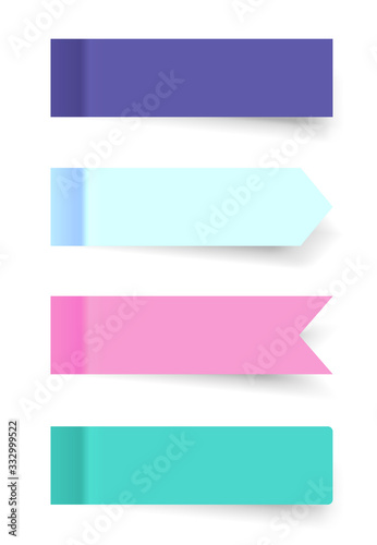 Set of realistic colored horizontal paper stickers with a peel off corner isolated on white. Blank templates of a price tags. Empty mockup for a memo and notice. Transparent shadows. Vector