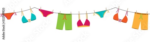 cartoon colorful hanging bath suits vector decorative garland isolated on white background for summer season