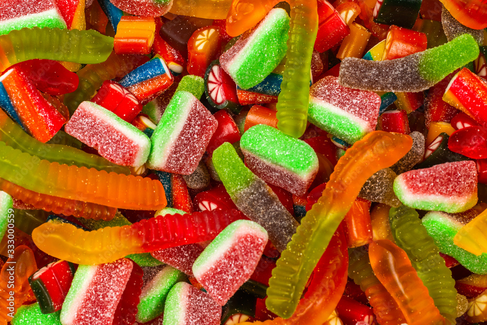 Assorted gummy candies. Top view. Jelly sweets background. Assorted gummy candies. Top view. Jelly sweets background.