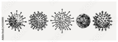 Different kinds of virus - sketches collection. Biology organisms illustration in vintage engraved style. Respiratory virus infection macro drawings. Coronavirus 2019-nCoV 