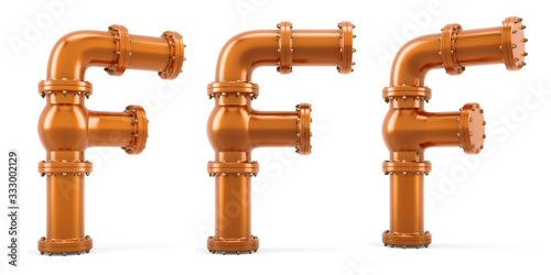 Letter F from copper pipes, 3D rendering