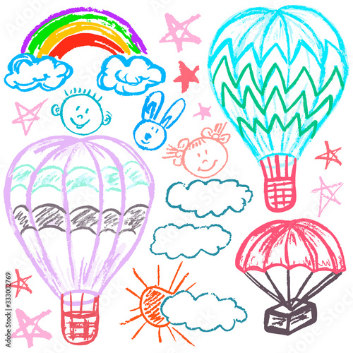 Cute childish drawing with wax crayons