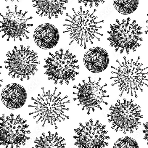 Different kinds of viruses seamless pattern. Biology organisms backdrop in vintage engraved style. Respiratory virus infection background. Hand drawn corona virus.  Coronavirus 2019-nCoV and other.