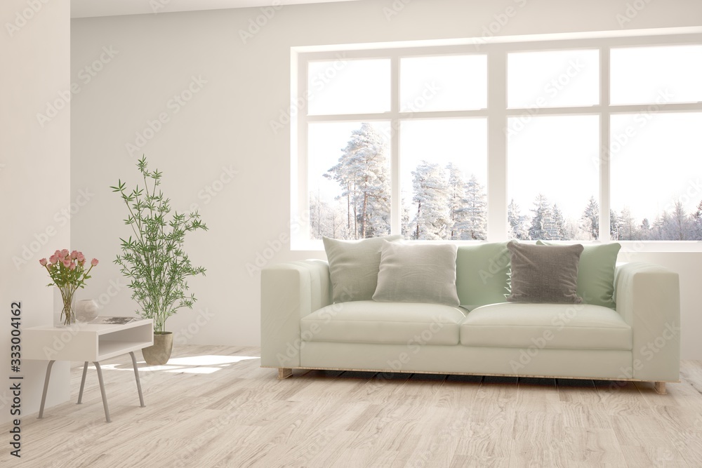 White living room with sofa and winter landscape in window. Scandinavian interior design. 3D illustration White living room with sofa and winter landscape in window. Scandinavian interior design. 3D illustration