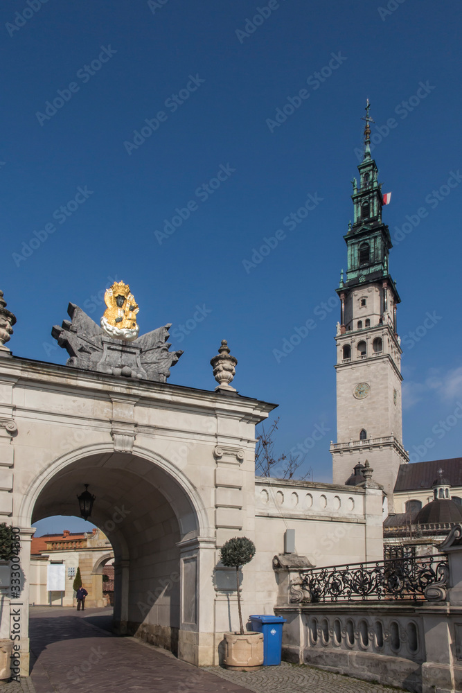 Czestochowa, Poland, 19 March 2020: Entrance gate to the sanctuary of the Mother of God in Jasna Góra in Częstochowa. Because of the Coronavirus COVID-19 epidemic, there are no people