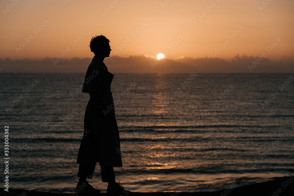Silhouette of woman wearing coat walking on pier of ocean. Silhouette of woman wearing coat walking on pier of ocean.
