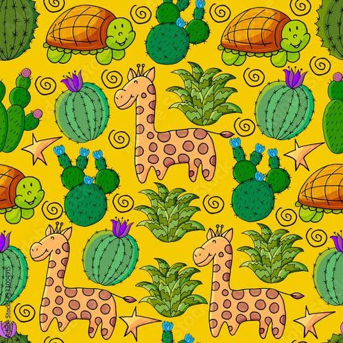 Cute vector illustration. Cartoon images of cactus. Cacti, aloe, succulents. Decorative natural elements