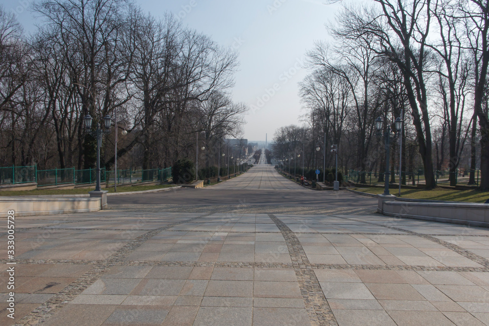 An empty road from the city of Czestochowa to the national sanctuary of Our Lady of Czestochowa in Jasna Gora during the coronavirus epidemic in March 2020,