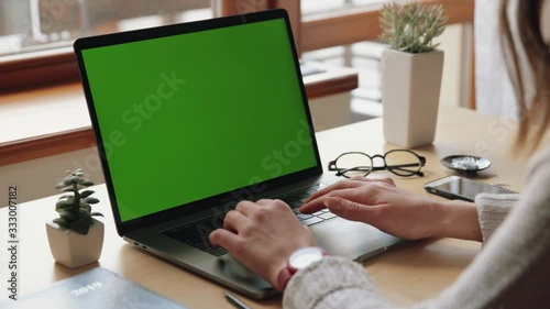 Close up caucasian woman use notebook female hands keyboarding laptop using texting pointing networking green screen chroma key chromakey keyboard white device working message student businesswoman