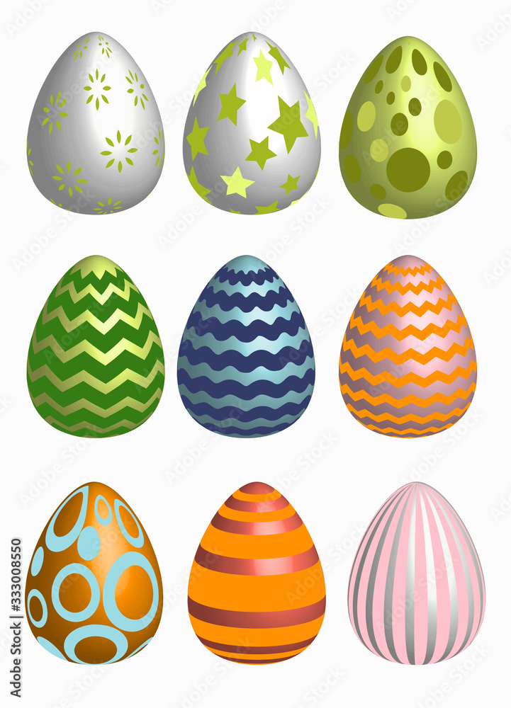 Set of multicolor easter eggs with different texture. Isolated on a white background.