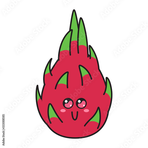 Cute dragon fruit character with face. Kawaii doodle pitahaya or pitaya isolated on white background.