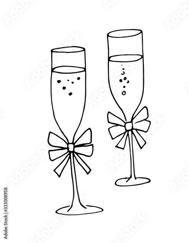 wedding glasses of champagne with bows. doodle style, line art. Illustration fro invitation and menu. Greeting card.