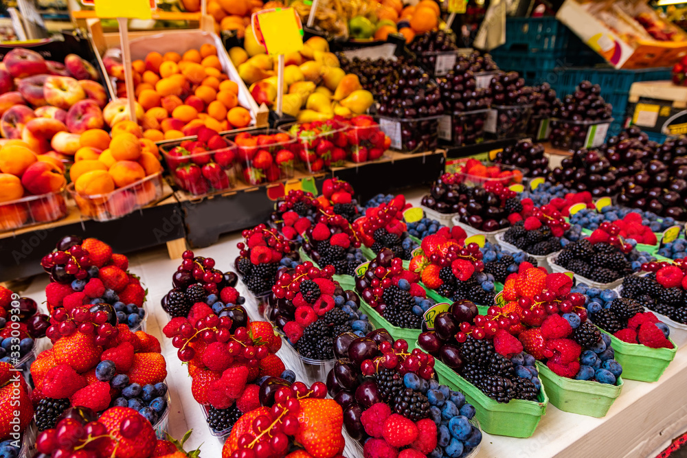 food market, fruit and berry counter