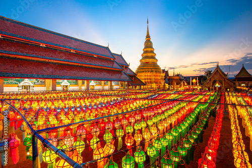 Colorful Lamp Festival and Lantern in Loi Krathong at Wat Phra That Hariphunchai,  Thailand © Wilatlak