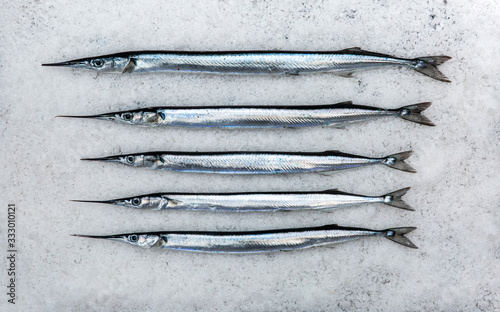 Close up of needlefish on salt photo