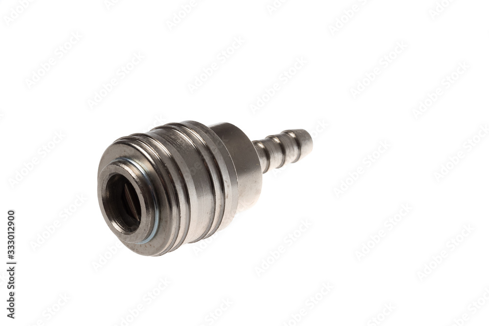 Steel female coupling with a fitting for a hose, isolated on white background Steel female coupling with a fitting for a hose, isolated on white background