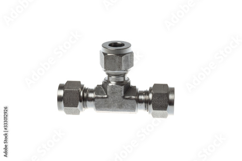 Stainless steel 3 way coupling for metal pipes, isolated on white background