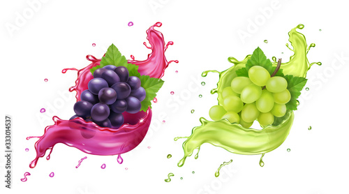 Tela White and red wine grapes in realistic juice splash
