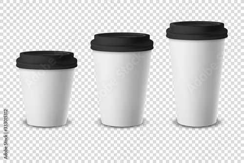 Vector 3d White Realistic Disposable Closed Paper, Plastic Coffee Cup for Drinks with Black Lid Set Closeup Isolated on Transparent Background. Design Template, Mockup. Front View