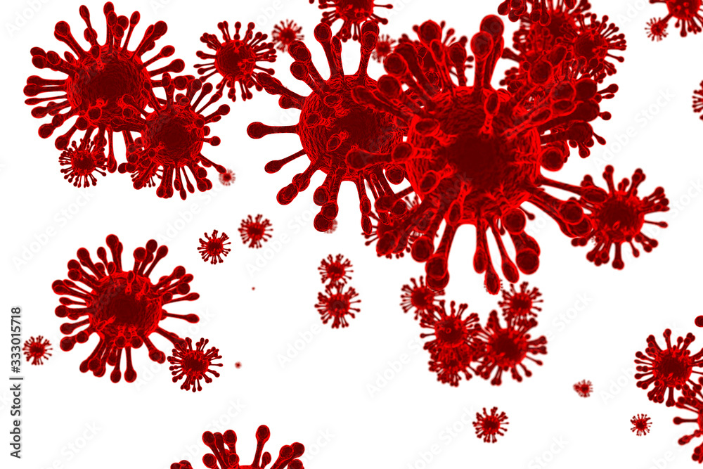 Corona Virus In Red on white background ,Microbiology And Virology Concept - 3d Rendering Corona Virus In Red on white background ,Microbiology And Virology Concept - 3d Rendering