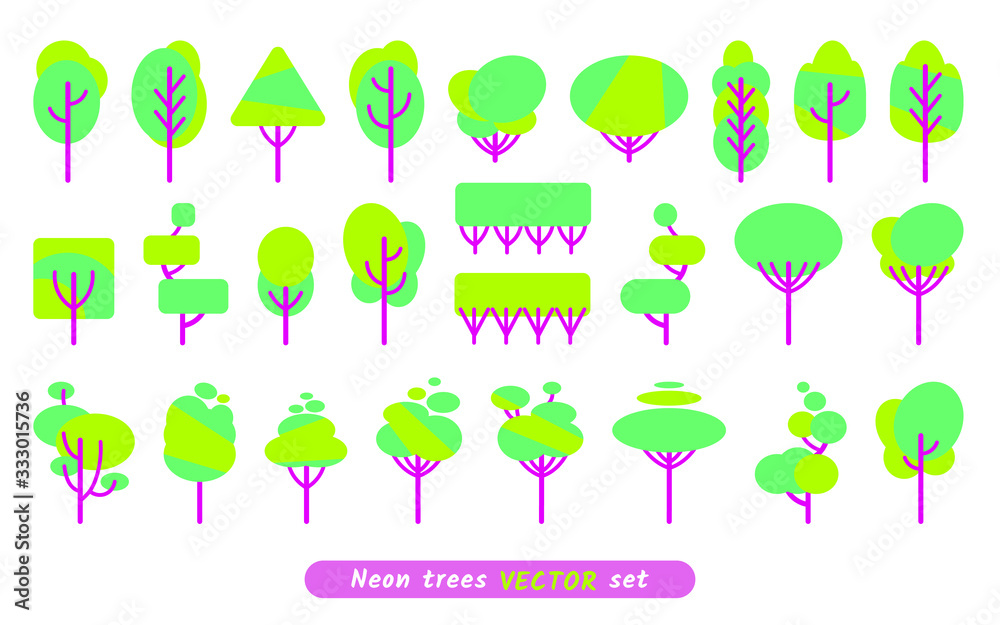 Vector illustration, flat green trees set. Isolated on white background, neon colors, can be used as icons for nature designs, maps, landscapes, etc. Vector illustration, flat green trees set. Isolated on white background, neon colors, can be used as icons for nature designs, maps, landscapes, etc.