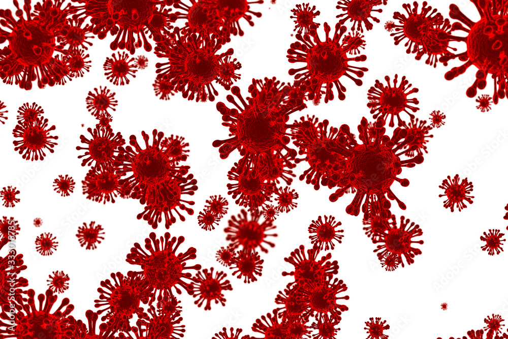 Corona Virus In Red on white background ,Microbiology And Virology Concept - 3d Rendering Corona Virus In Red on white background ,Microbiology And Virology Concept - 3d Rendering