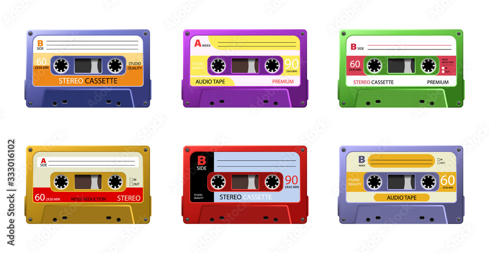 Vecteur Stock Retro cassettes. Vintage 1990s music tape, dj rave party mix.  Vintage tape cassette. Retro mixtape, 80s pop songs tapes and stereo music  cassettes. | Adobe Stock