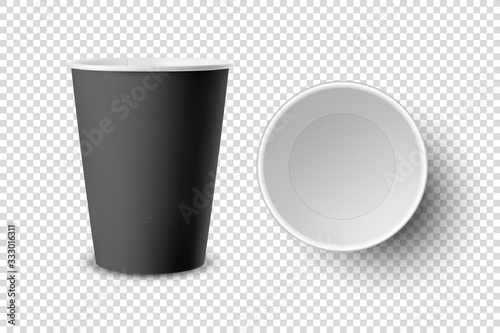 Vector 3d Realistic Black Disposable Opened Paper, Plastic Coffee Cup for Drinks Icon Set Closeup Isolated on Transparent Background. Design Template, Mockup. Top and Front View