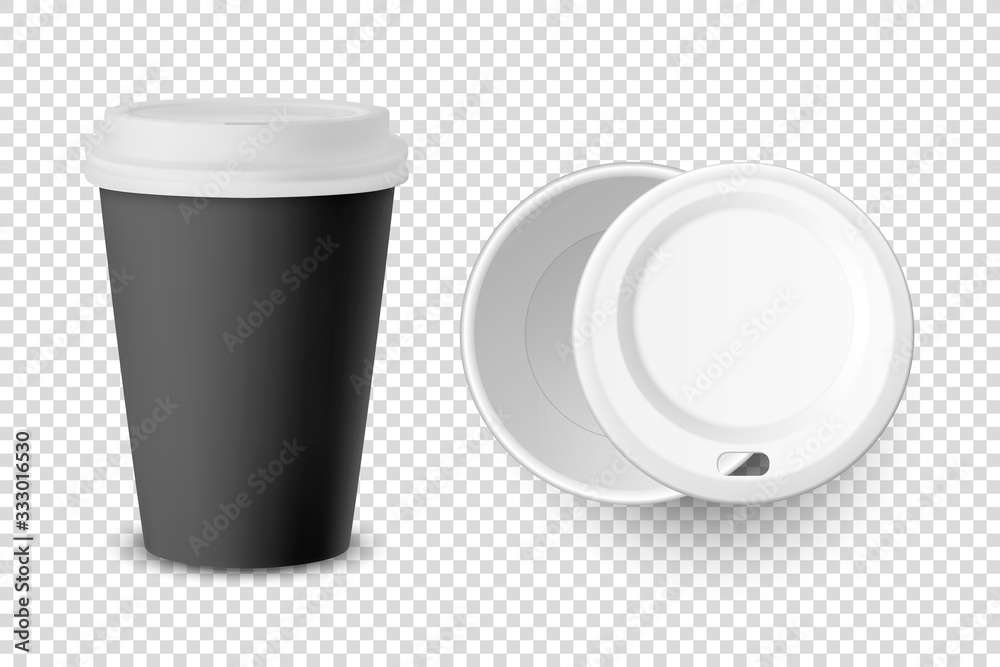 Vector 3d Realistic Black Disposable Closed and Opened Paper, Plastic Coffee Cup for Drinks with White Lid Set Closeup Isolated on Transparent Background. Design Template, Mockup. Top and Front View