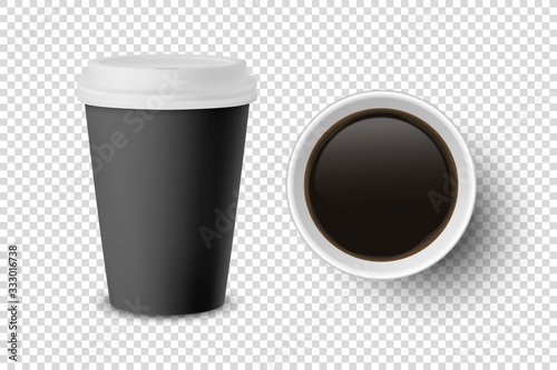 Vector 3d Realistic Black Disposable Closed and Opened Paper, Plastic Coffee Cup for Drinks with White Lid Set Closeup Isolated on Transparent Background. Design Template, Mockup. Top and Front View