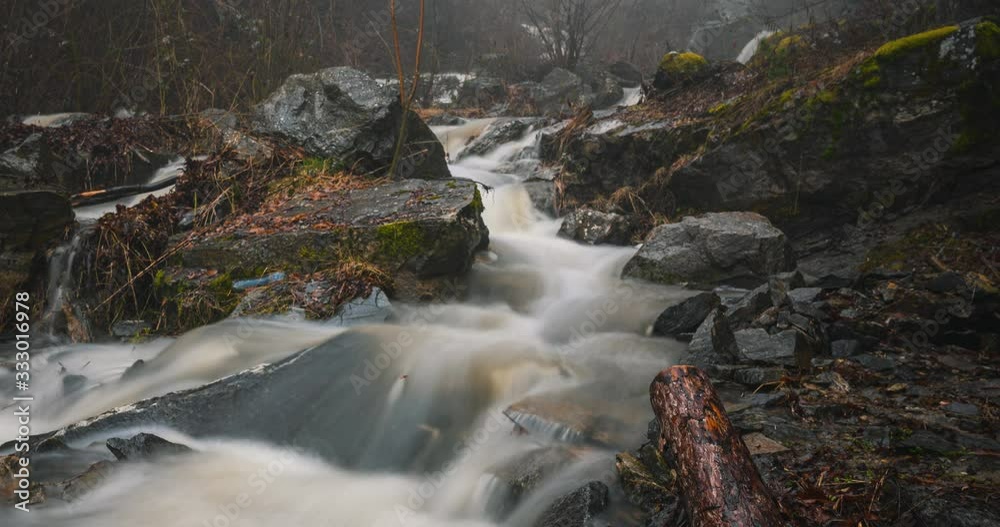 Time lapse of a mountains stream, Moving Past Rocky River In The Forest Time lapse of a mountains stream, Moving Past Rocky River In The Forest