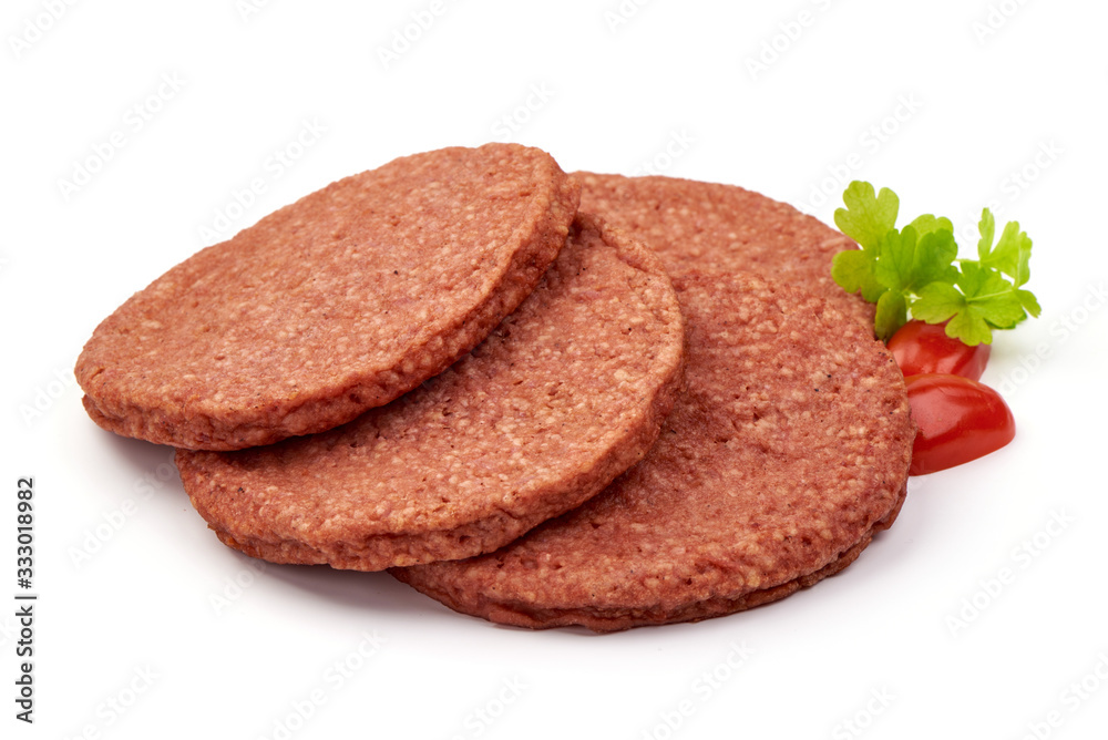 Burger cutlets, ingredients for hamburger, isolated on white background Burger cutlets, ingredients for hamburger, isolated on white background