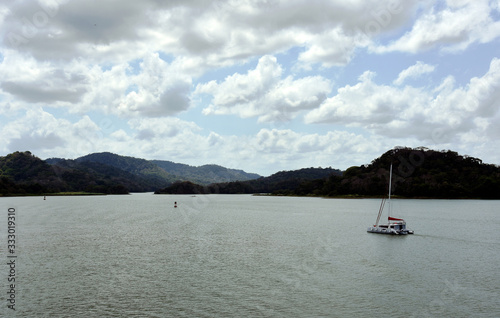 Landscape of Panama Canal, view from the transiting cargo ship.