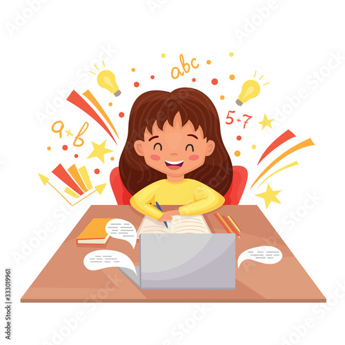 Online Education concept with cute schoolgirl using her laptop. Study at home. Can use for web banner, infographics, hero images. Flat cartoon vector illustration isolated on white background.