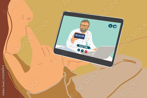 Woman talking with a doctor online using digital tablet, feeling bad at home. Concept of telemedicine and medical treatment during pandemic. Colorful vector illustration in flat cartoon style