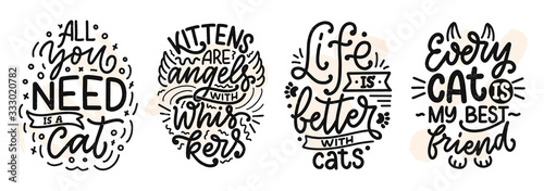 Set with funny lettering quotes about cats for print in hand drawn style. Creative typography slogans design for posters. Cartoon vector illustration.