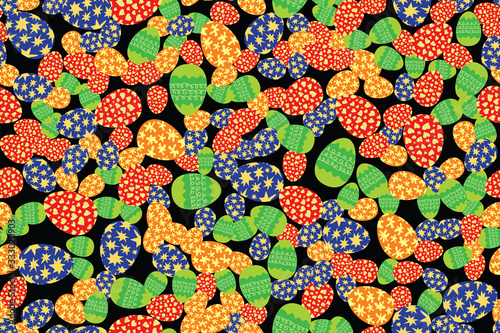 Colorful Easter eggs randomly placed on black background. Christian holiday seamless pattern. Wrapping or greeting card texture. Bright colors vector eps8 illustration.