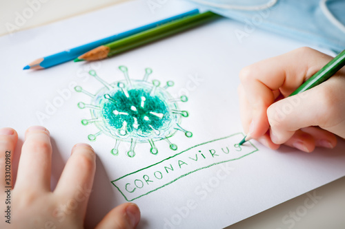 The child draws a coronavirus. Coronavirus. 2019 Novel Coronavirus, 2019-nCoV.