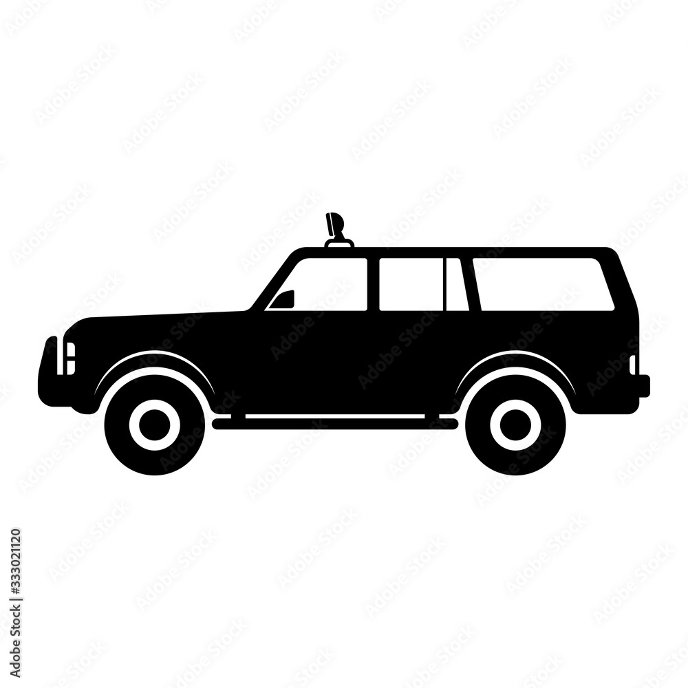 SUV icon. Side view. Black silhouette. Vector graphic illustration. Large family car. Farm transport. Isolated object on a white background. Isolate.