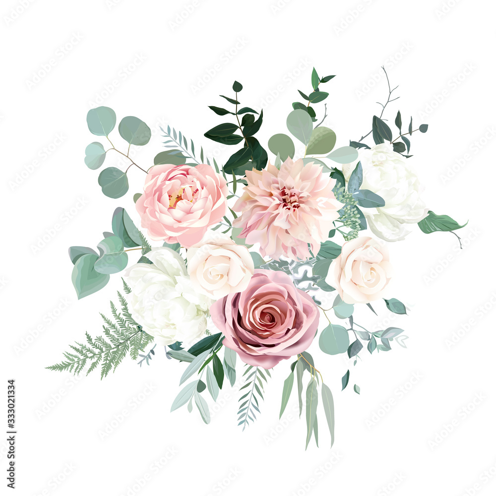 Silver sage green and blush pink flowers vector design bouquet