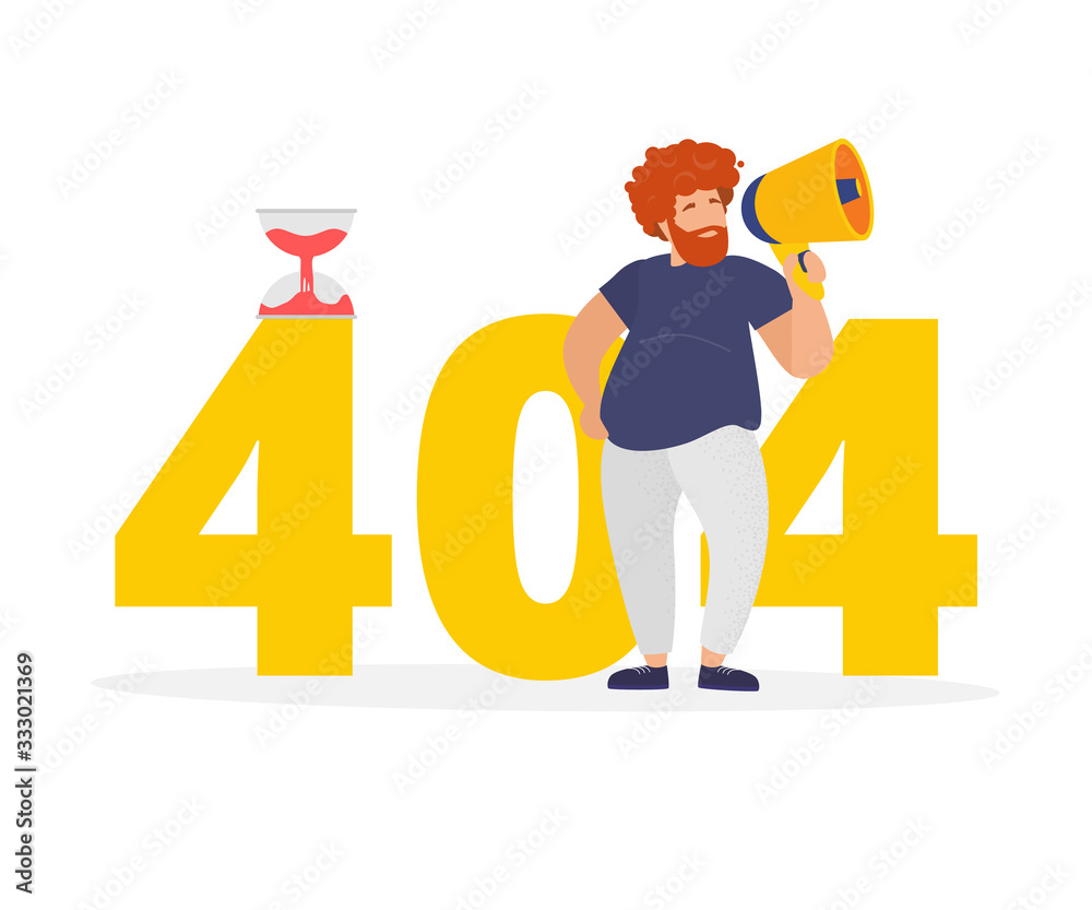 Error 404. Design concept for web sites and applications. A man with a megaphone broadcasts information. Modern vector illustration. Error 404. Design concept for web sites and applications. A man with a megaphone broadcasts information. Modern vector illustration.