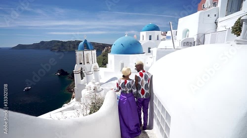 Couple Enjoying The Honeymoon In Santorini Greece Blue Dome Church Santorini
