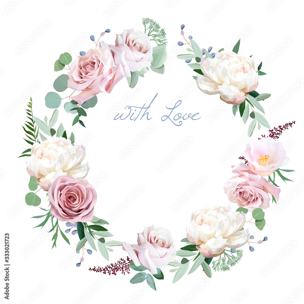 Dusty rose, peony, camellia, greenery selection vector design round invitation frame