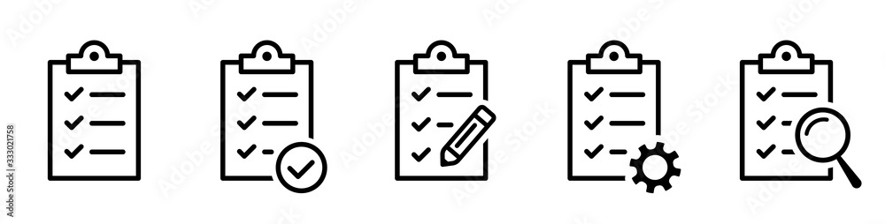 Clipboard icon. Checklist with gear, checkmarks, magnifier and pencil. Quality check line sign. Check List flat line icon. Form icon. Clipboard with gear technical support check list - stock vector.