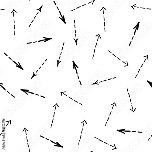 Hand drawn straight arrows randomly placed on white background. Seamless pattern. Right  left  up and down abstract pointers with arrowheads wrapping texture. Vector eps8 illustration.